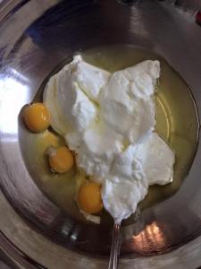 No cheese here - Greek yogurt, eggs and egg whites ready for whisking!