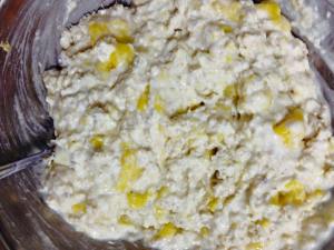 Making the magic happen with this mango-coconut-oatmeal mixture!